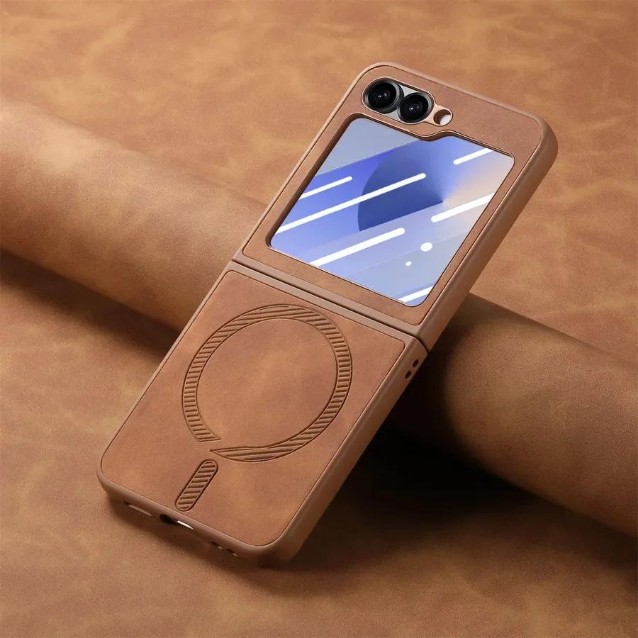 Чехол Magsafe для Samsung Galaxy Z Flip 6 5 4 Матовый кожаный чехол для телефона Samsung Z Flip4 Flip5 Flip6 Защитные чехлы с защитой экрана