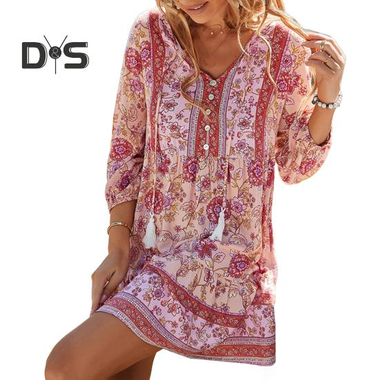 Женское платье в стиле бохо с цветочным принтом, повседневное, с длинным рукавом, струящееся, короткое, свободное, с V-образным вырезом, на пуговицах, платье А-силуэта, мини-пляжное платье-сарафан