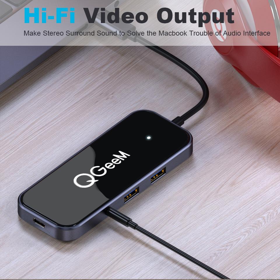 QGeeM 8 портов USB C Hub для Macbook Pro Air Type C Hub 3,0 Адаптер TF SD 3,5 мм PD Aux HDMI Type C Hub для iPad Pro ПК Разветвитель док-станции