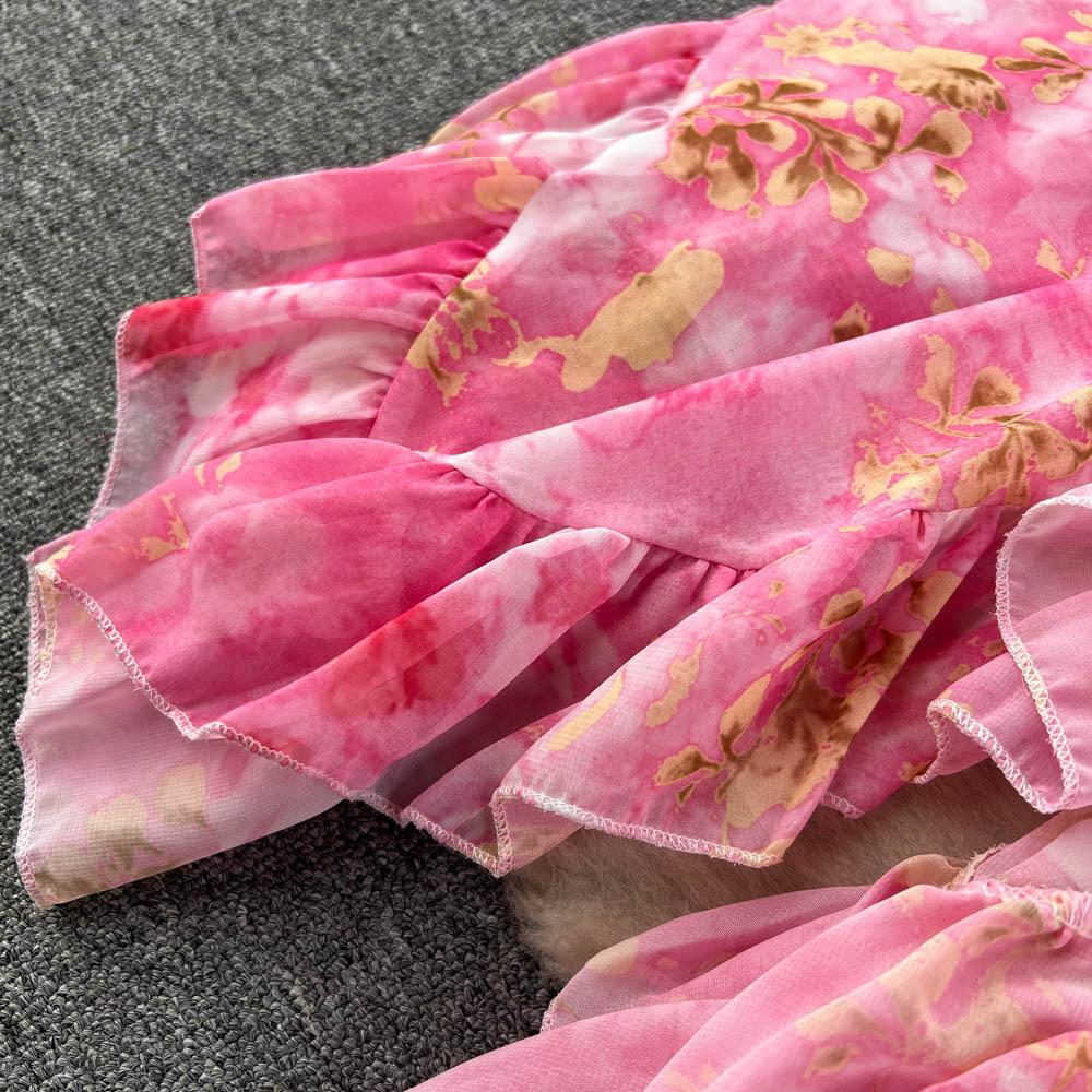 Весеннее женское летнее бандажное платье в стиле ретро с цветочным принтом, элегантное шифоновое платье трапециевидной формы с рукавами-фонариками и шнуровкой, с высокой талией, длинные платья