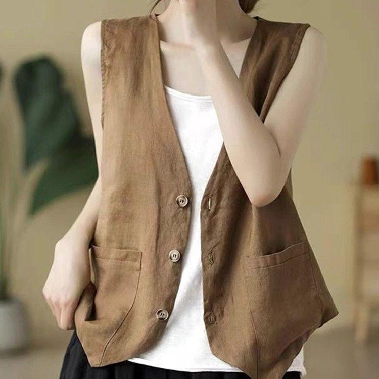 Women's Linen Vest Summer Casual Sleeveless Cardigans Jacket Loose Thin Casual Button Vest Top Female Streetwear Vest Coat