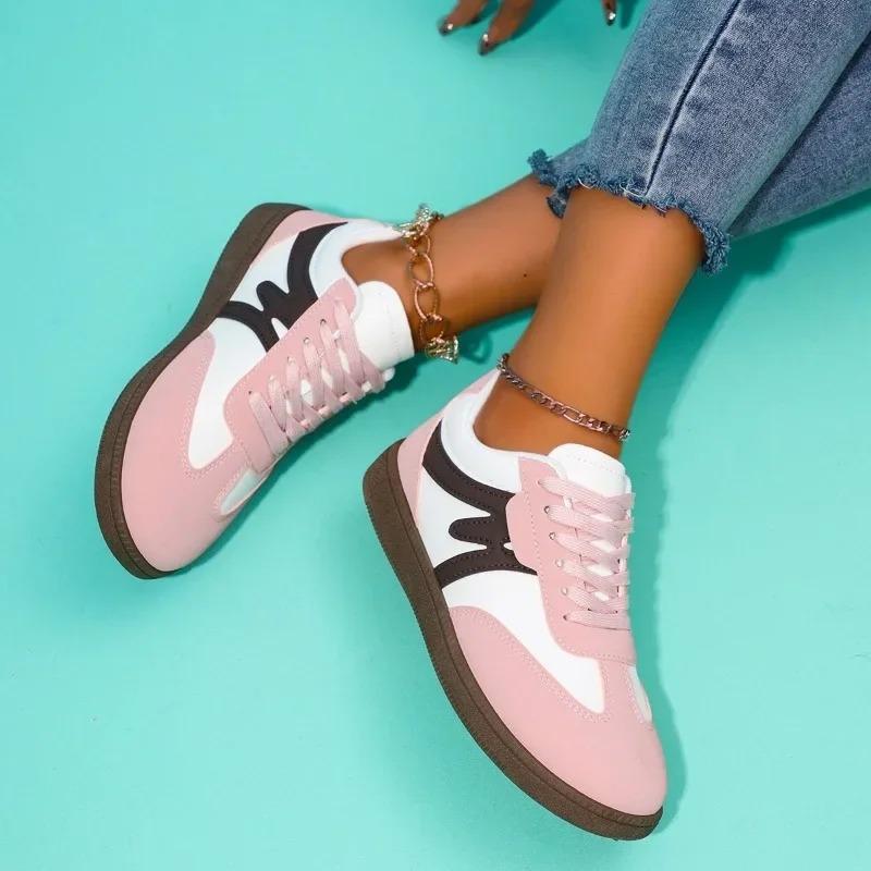 Fashion Shoes Female 2024 Lace Up Women's Vulcanize Shoes Outdoor Women Sneakers Mixed Color Round Toe Low Heel PU Ladies Casual Shoes