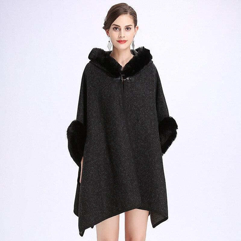 9 Colors Black Winter Warm Fashion Horn Buckle Poncho Capes Women Imitation Rabbit Fur Batwing Sleeves Loose Long Coat With Hat
