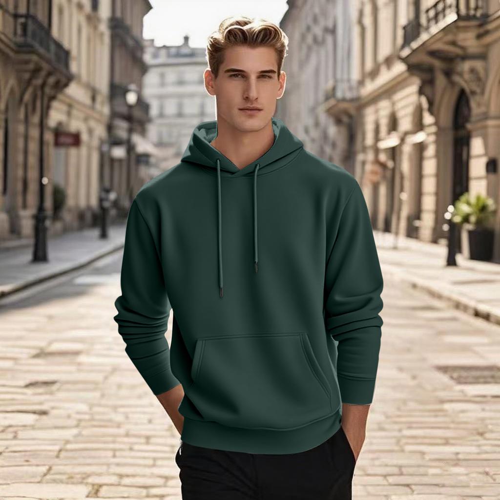 Men's Pullover Hooded Sweatshirt Solid Color Round Neck Loose Hoodie Long Sleeve Top