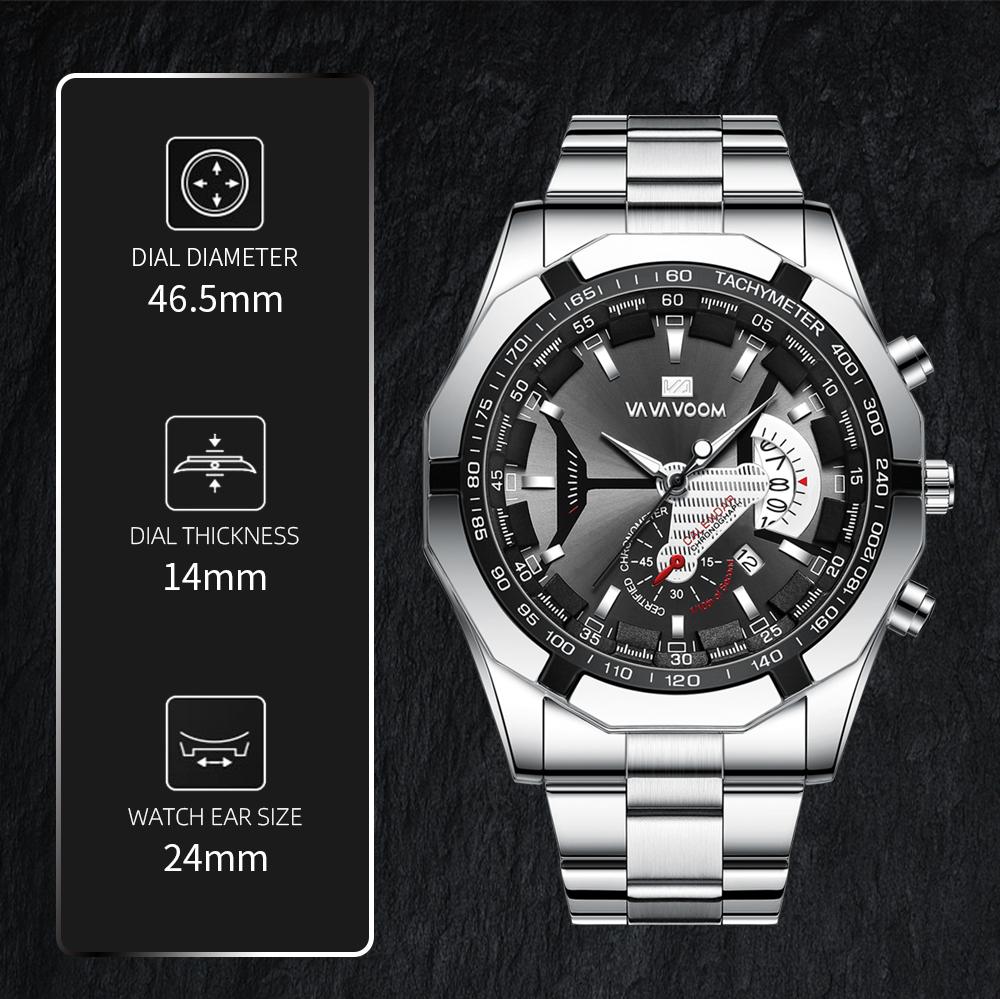 VA VA VOOM New Men's Sports Watches Fashion Stainless Steel Luxury Luminous Waterproof Calendar Quartz Men's Watches