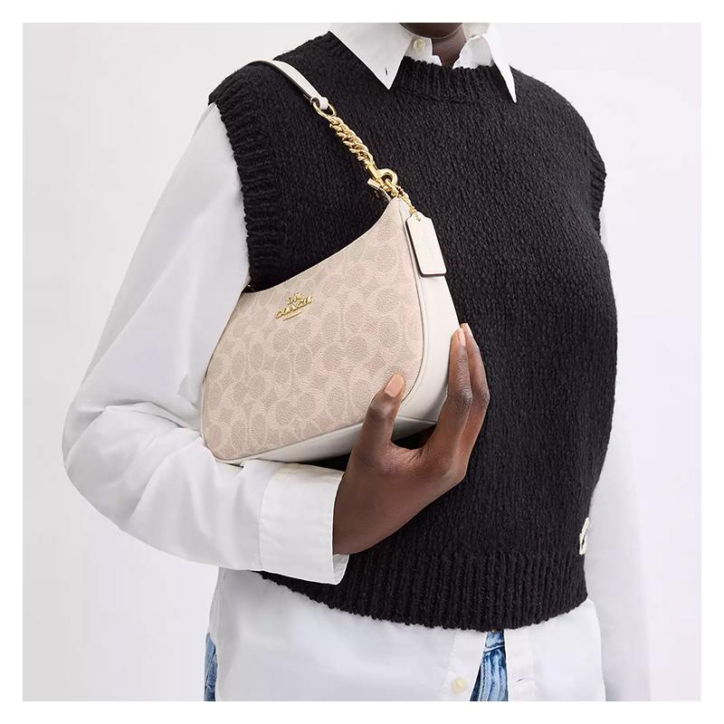 Coach Teri 24 classic логотип для пресбиопии застежка-молния coated canvas ручная сумка-кроссбоди на плечо среднего размера женская песочного цвета с меловой белым