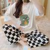 Pyjamas Set for Women Short Sleeves Long Trousers Student Pajamas Two-Piece Round Neck Pullover Plaid Trousers Easy To Clean Lad