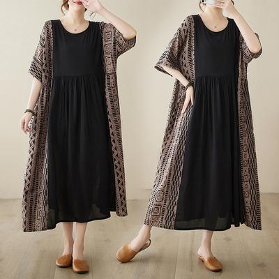 Летнее художественное ретро свободное утягивающее этническое платье с круглым вырезом и короткими рукавами контрастное платье для женщин повседневные платья
