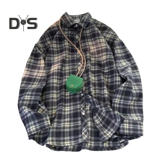 Весна-осень Мужская рубашка с отложным воротником в клетку с принтом Свободная рубашка на пуговицах в стиле ретро-американской моды с длинным рукавом Уличная одежда для путешествий Повседневная одежда