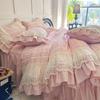 Vintage French Plaid Lace Ruffles 100% Cotton Bedding Set Duvet Cover Set Bed Sheet/Bed Skirt/Fitted Sheet Pillowcases 4Pcs