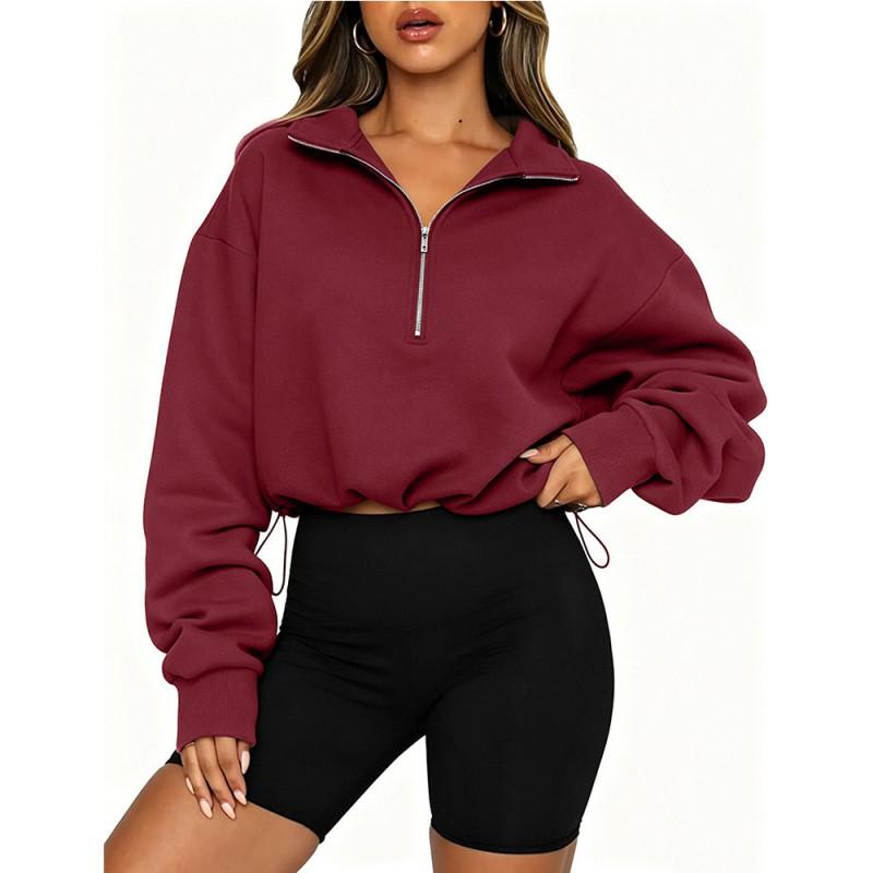 Womens Loose Fit Cropped Hoodless Sweatshirt With Half Zip Collar Long Sleeve Casual Top Fall Winter 2026