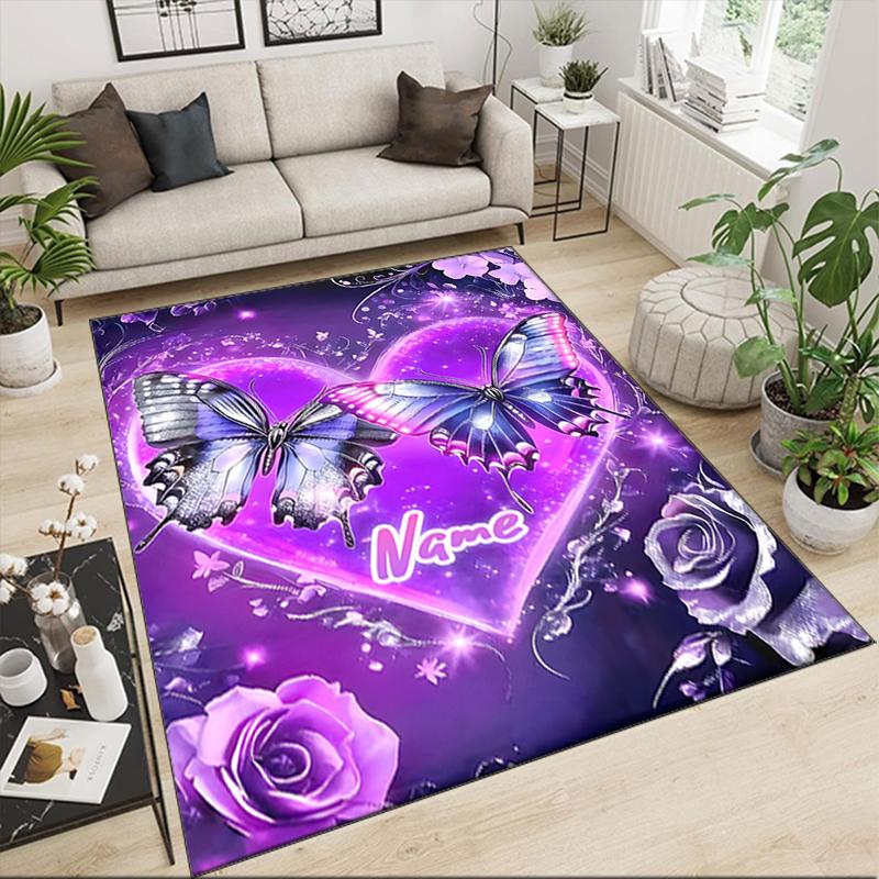 1PC Custom Name Purple Heart Butterflies Theme Floor Mat Ideal for Living Room, Game Rooms, Office, Bedroom,Floor Mat Playful Design