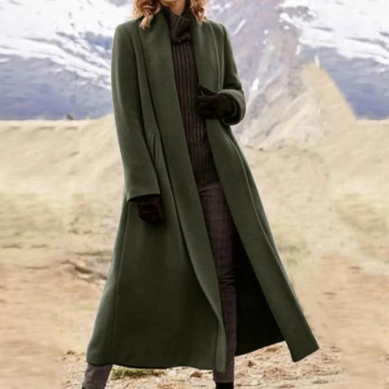 Women's Winter Extra-Long Literary Comfortable Coat Solid Color Casual Plus Size Wool Trench Coat