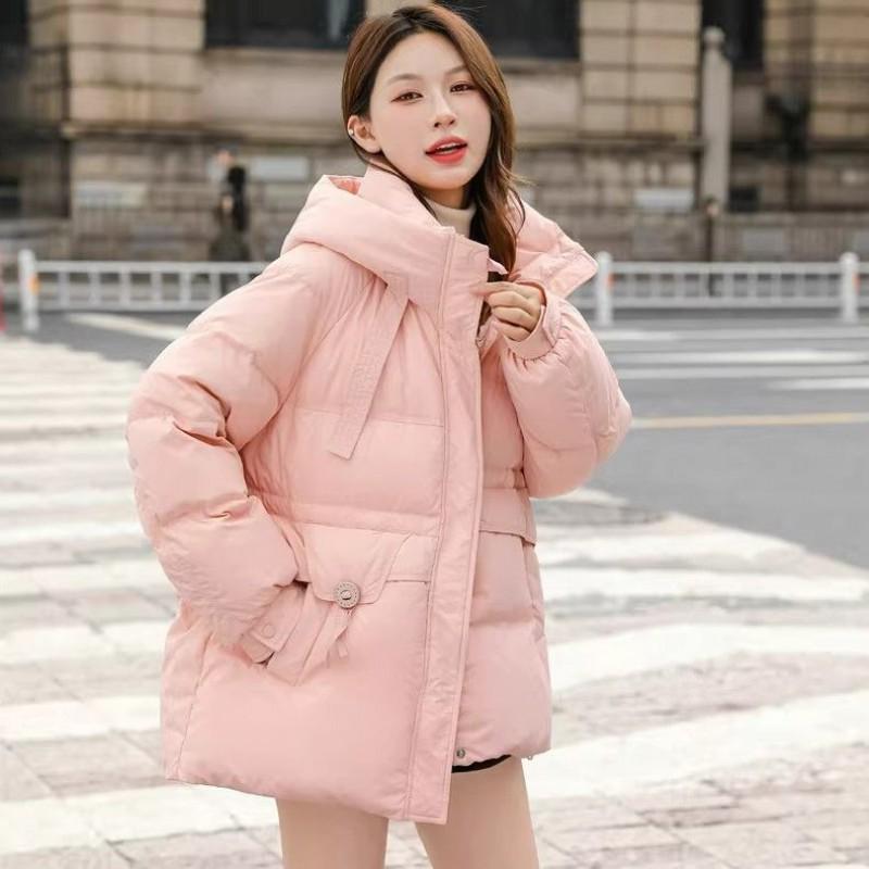 Womens Plus Size Puffer Jacket With Drawstring Waist Thick Warm Cotton Fill Hooded Short Coat Fall Winter