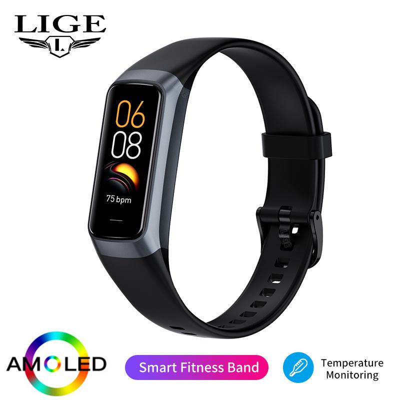 LIGE New Smart Wristband Sport Fitness Tracker Smartwatch AMOLED Screen Waterproof Body Temperature Smart Bracelet For Women Men