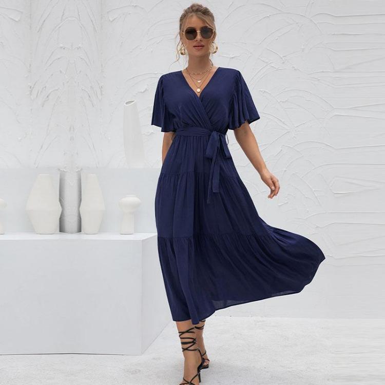 Women Summer Fall Casual Long Dress Solid V-neck Short Butterfly Sleeve Bandage Belt Sizes S-XXL