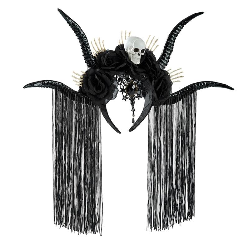 Dark Series Skull Antelope Horn Hairband With Skull Flower Design For Halloween Costume Party Dressingup Accessories