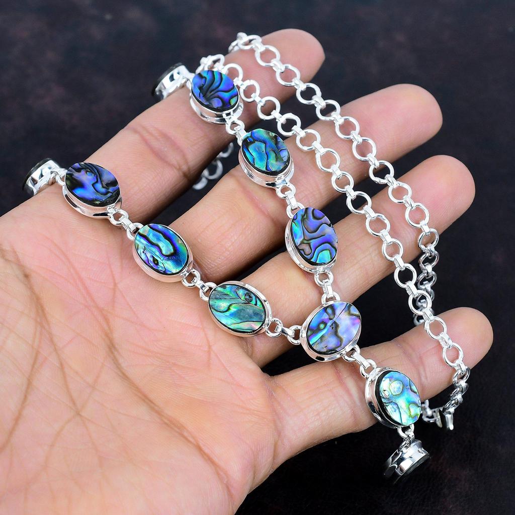 Abalone Shell Necklace Natural Gemstone Necklace 925 Sterling Silver Necklace Handmade Boho Jewelry Adjustable Chain Necklace Gifts for Wife