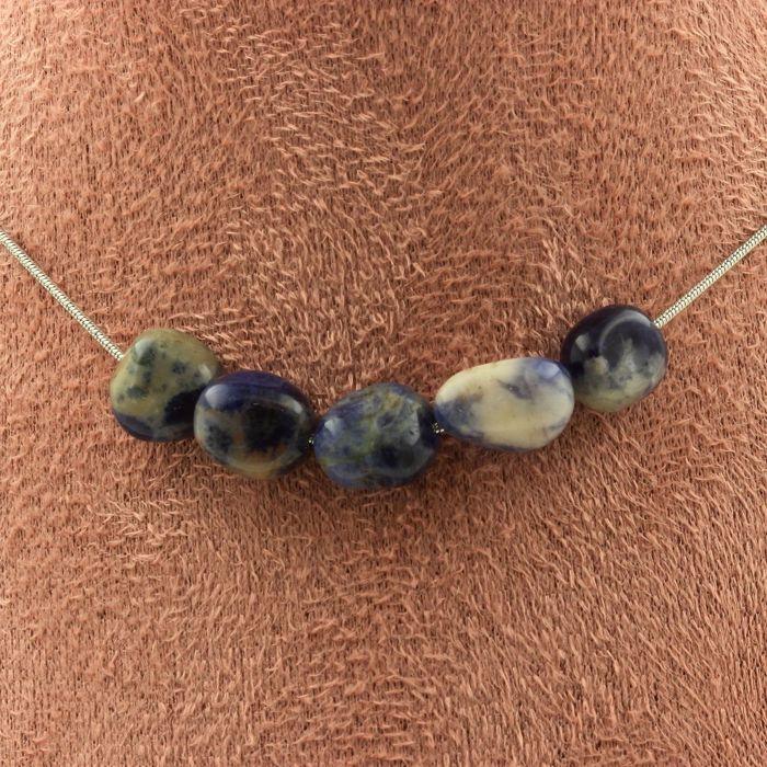 Stones and Minerals. 5 Sodalite Beads Necklace from Brazil Stainless Steel Chain Necklace for Women, Men. Customizable Size.