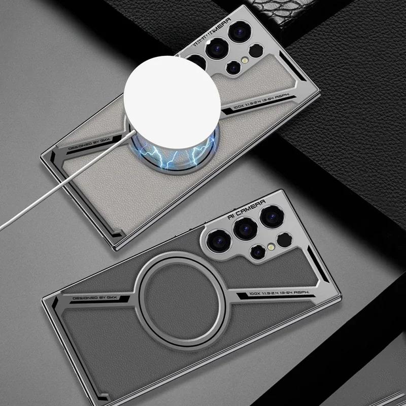 Роскошный чехол для Samsung Galaxy S25 S24 S23 Ultra из гальванизированной искусственной кожи для беспроводной магнитной зарядки Magsafe, задняя крышка для телефона