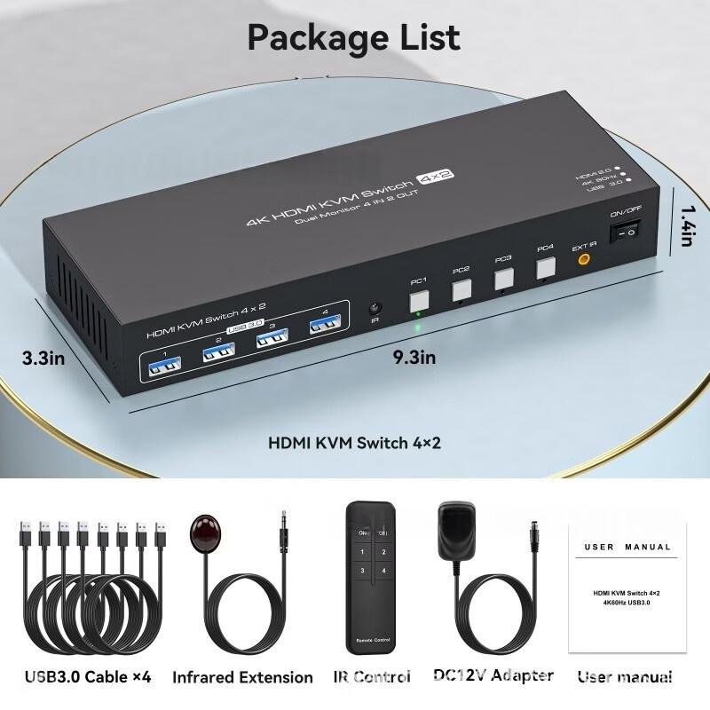 4-портовый KVM-переключатель HDMI USB 3.0 с поддержкой двух мониторов