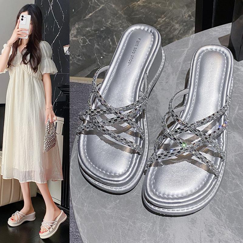 Thick Sole Rhinestone Slippers Women's Wedge Sandals Outdoor 2024 Summer Shoes Fashion Platform High Heel Female Slides