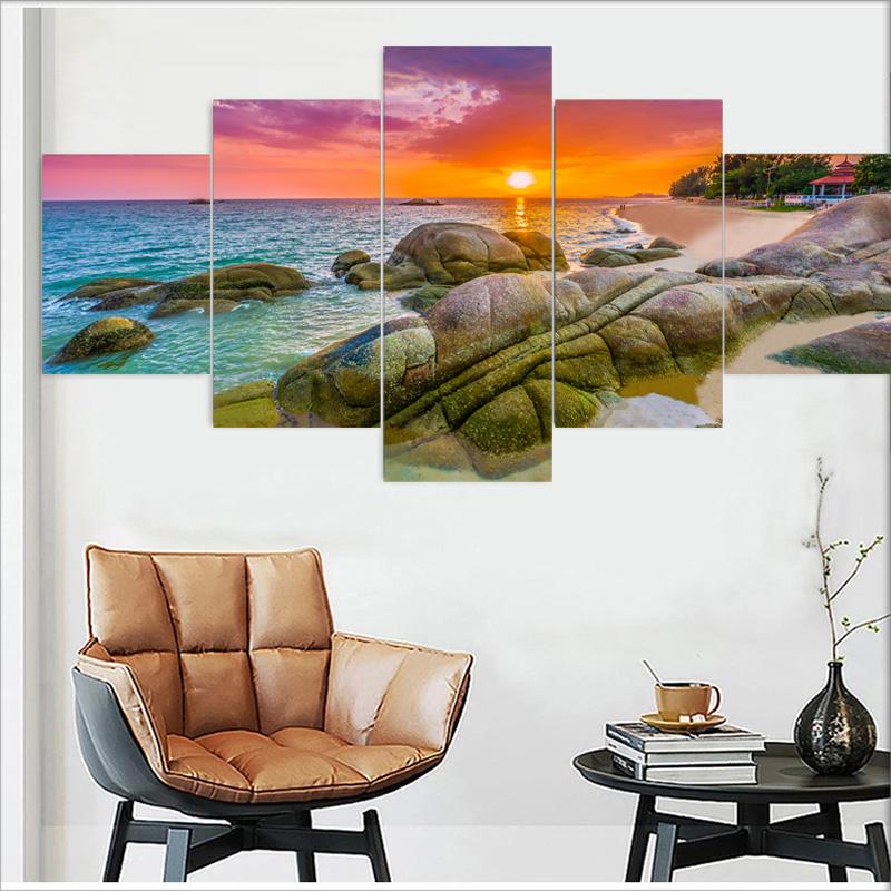 5 панелей Морской пейзаж Морской большой круглый камень Красочное небо Холст Картина Плакаты и принты Настенная картина Домашний декор без рамки