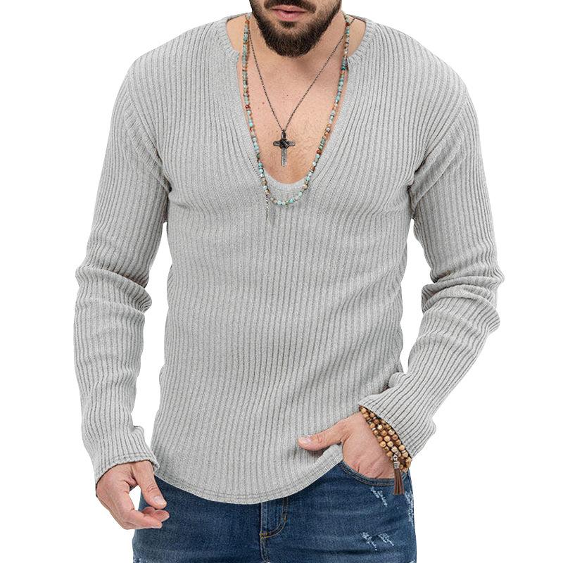 Men's V-Neck Ribbed Long Sleeve Knit Sweater, Slim Fit Casual Pullover, Multiple Color Options
