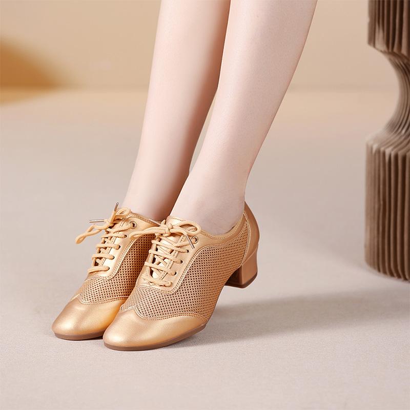 3.5cm Heel Women Soft Sole Latin Practice Dance Shoes Brown Mesh Breathable Teacher Dance Shoes Outdoor