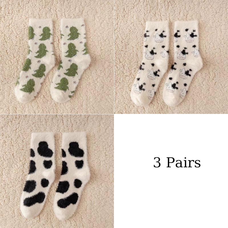 3 Pairs Cute Cow Spots Print Sock Thickened Warm Coral Fleece Women's Socks