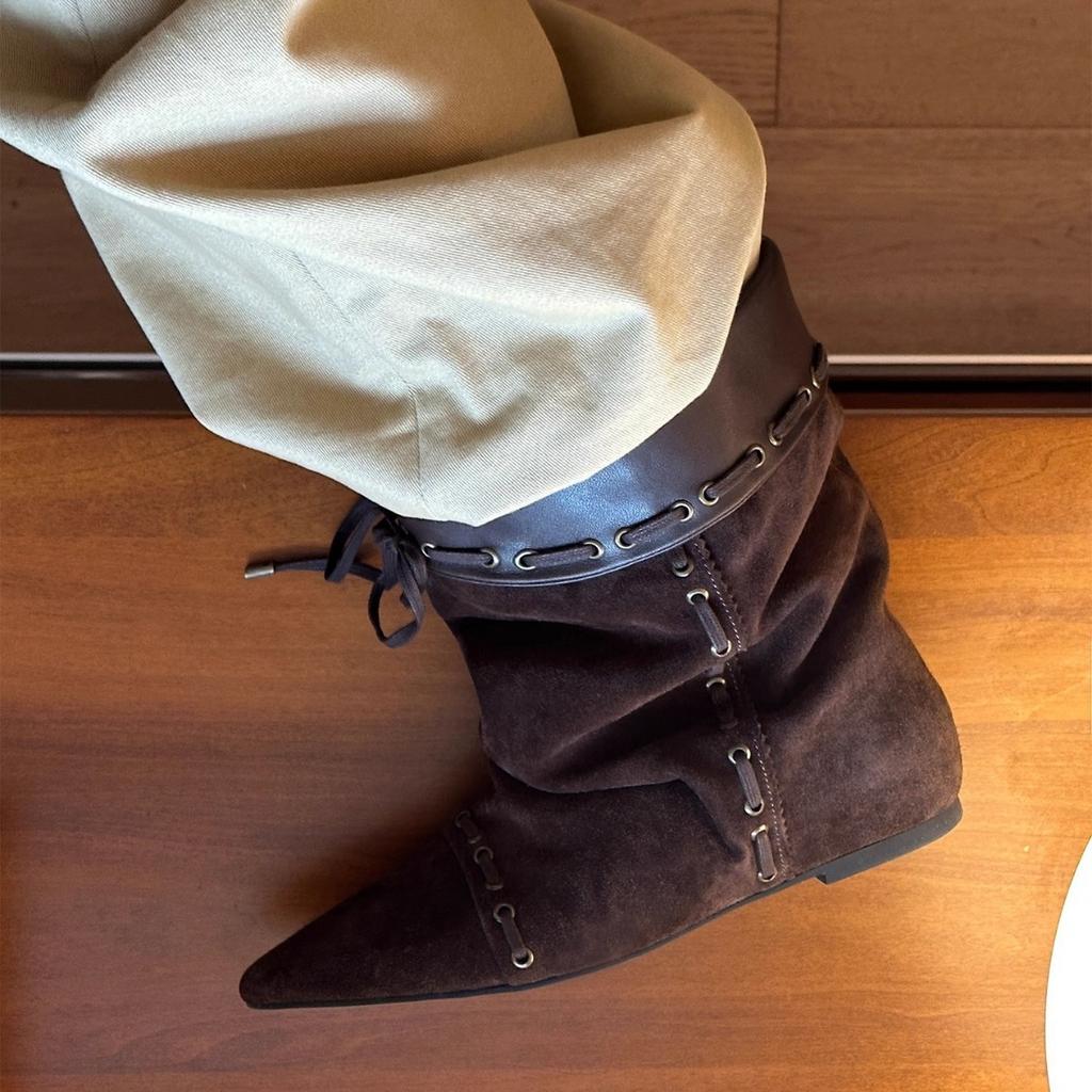 Foldable Two-wear Dong Life Same 25 New Stacked Ankle Boots You Mufeng Pointed Short Boots Stacked Boots Women