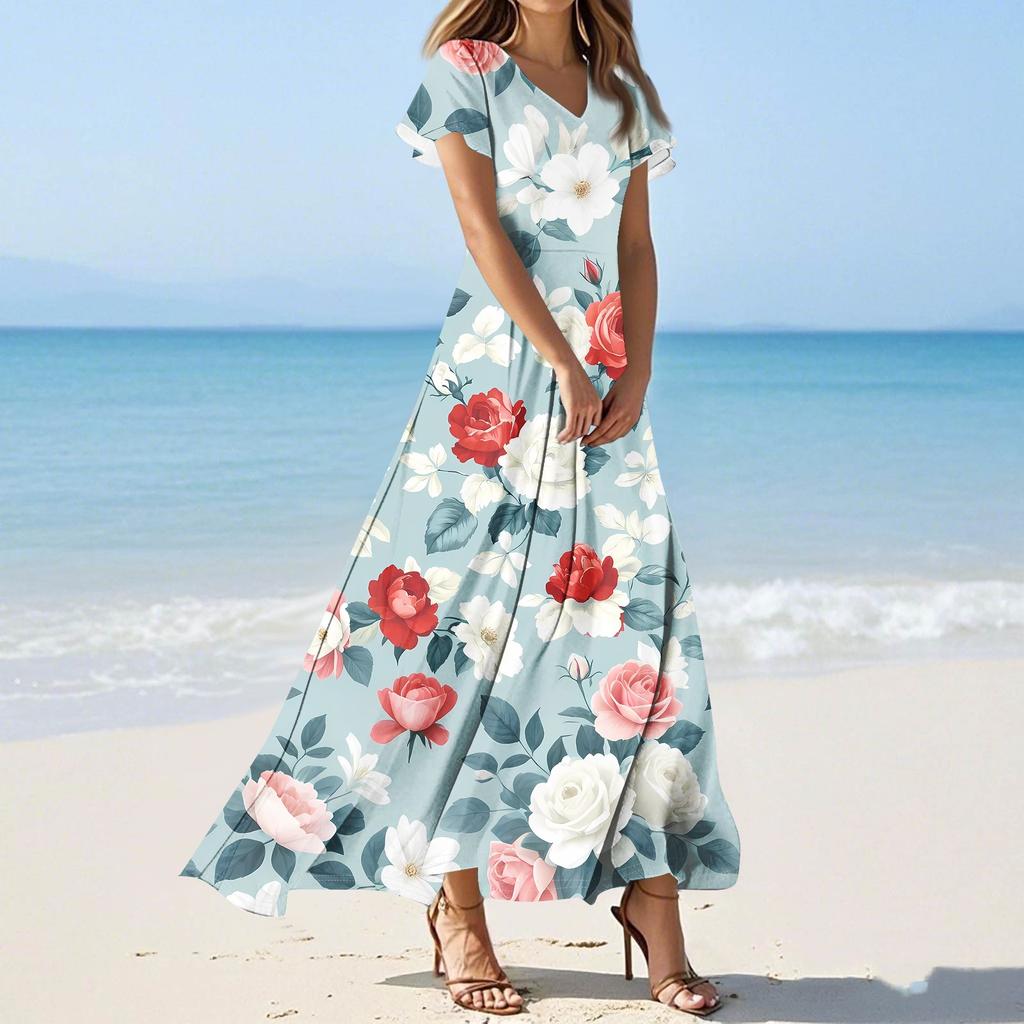 Женские повседневные модные длинные платья с принтом, платья с V-образным вырезом и коротким рукавом