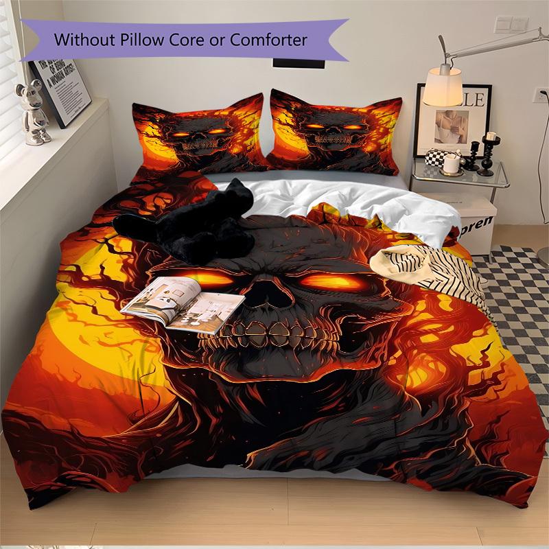 3pcs Fiery Skull Duvet Cover Set - Machine Washable, Includes 1 Cover and 2 Pillowcases, No Core Included yy251013101