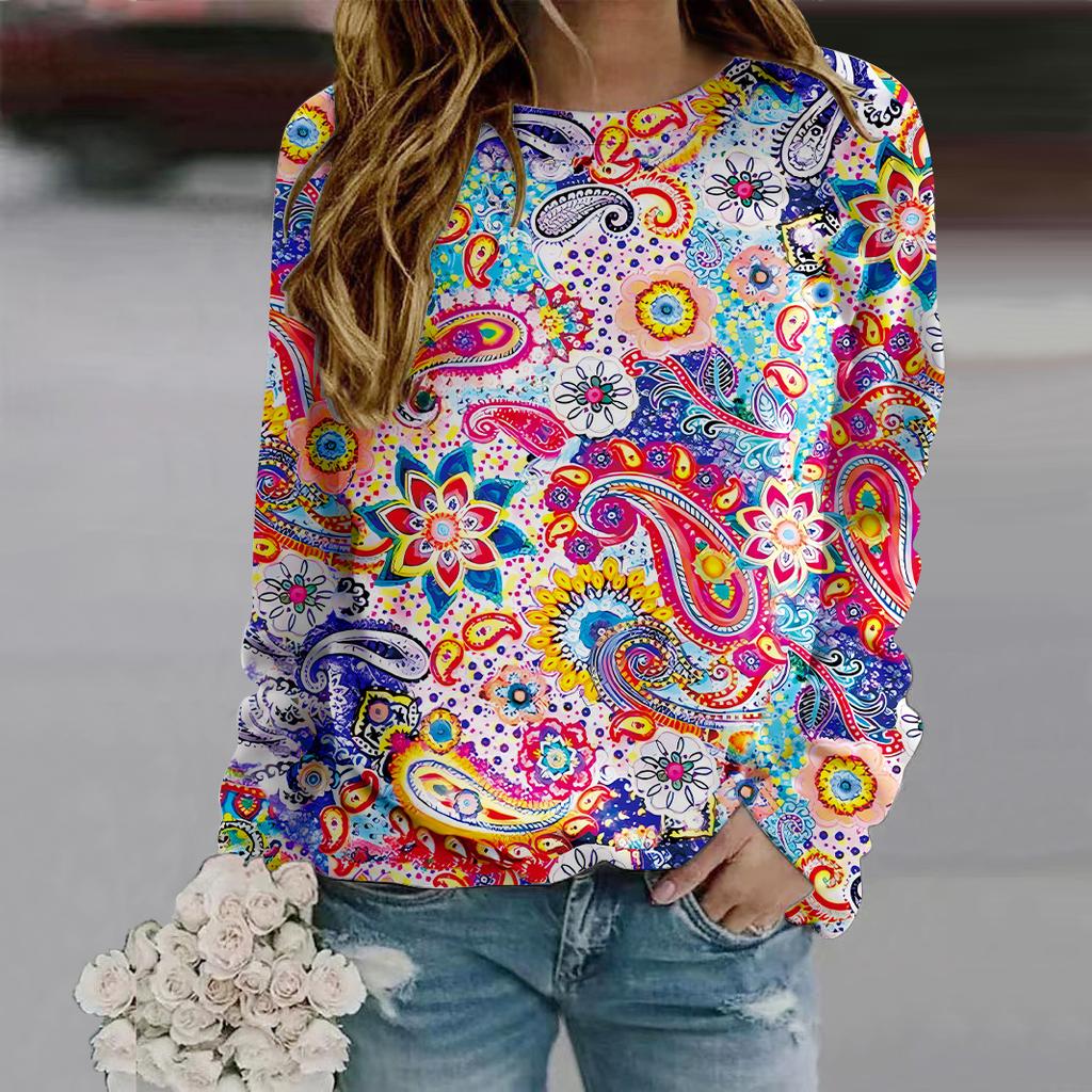 Fall Autumn Women'S Fashion O Neck Long Sleeve T-Shirt Loose Clothes Cashew Print T Shirt