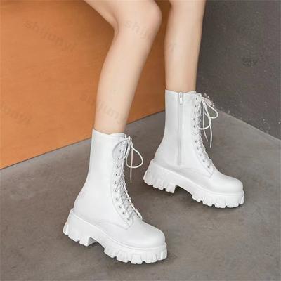 Мода Женщины Осень Мода Шнуровка Женские Челси Молния Ботас Мухер Ботинки Спорт ПУ Кожа Платформа Каблук Женские Новые Ботинки до середины икры
