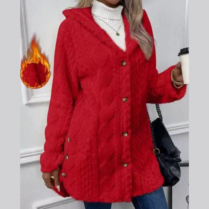 IHUASU Осенне-зимний однотонный кардиган с капюшоном и пуговицами, повседневное пальто с длинным рукавом