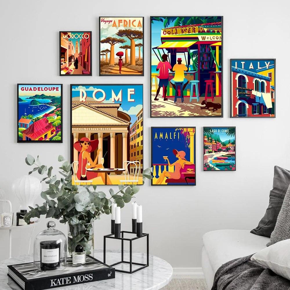 Италия, Африка, Марокко, путешествия, винтажный домашний декор, пейзаж, традиционный пляжный постер, ретро, ​​винтажная Настенная картина для гостиной, без рамки
