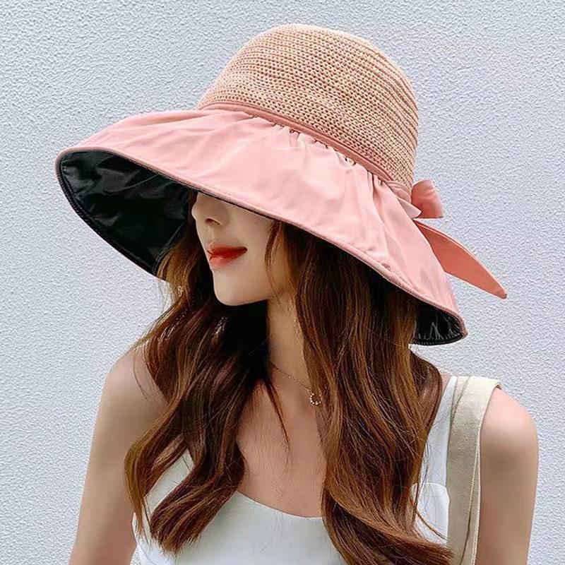 Summer New Women'S Bucket Hat, Uv Protection Sun Hat Solid Color Wide Brim, Foldable Beach Outdoor Ponytail Cap