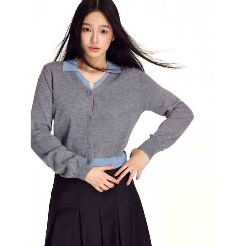 Shiyiyue Fake Two-Piece Knitted Cardigan for Women, Autumn and Winter American Retro Color-Blocking Short V-Neck Sweater Long-Sleeve Top