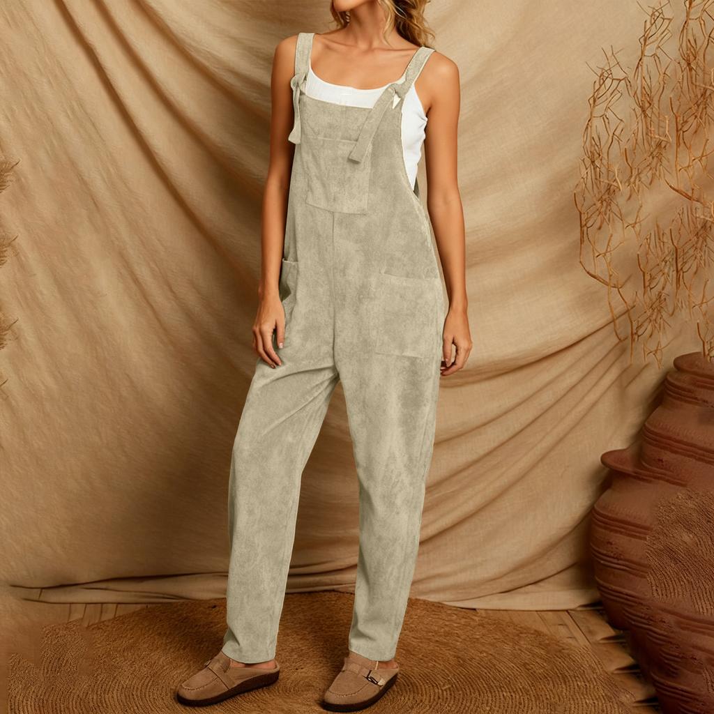 Women's Solid Color Corduroy Wide Leg Overalls Sleeveless Vest Pocket Casual Jumpsuit