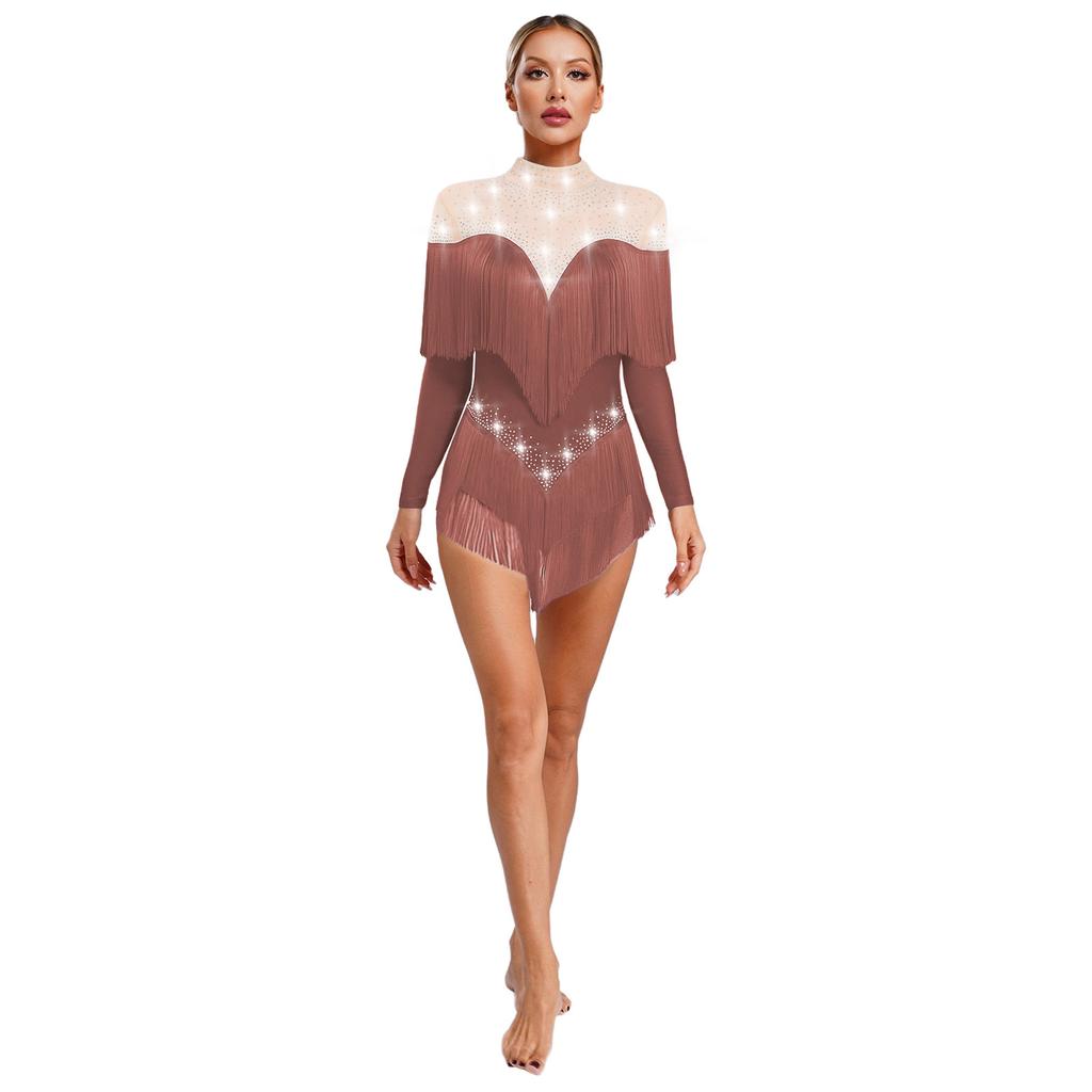 Женский латинский купальник с бахромой, воротником-стойкой, сетчатыми длинными рукавами, блестящими стразами, боди с бахромой