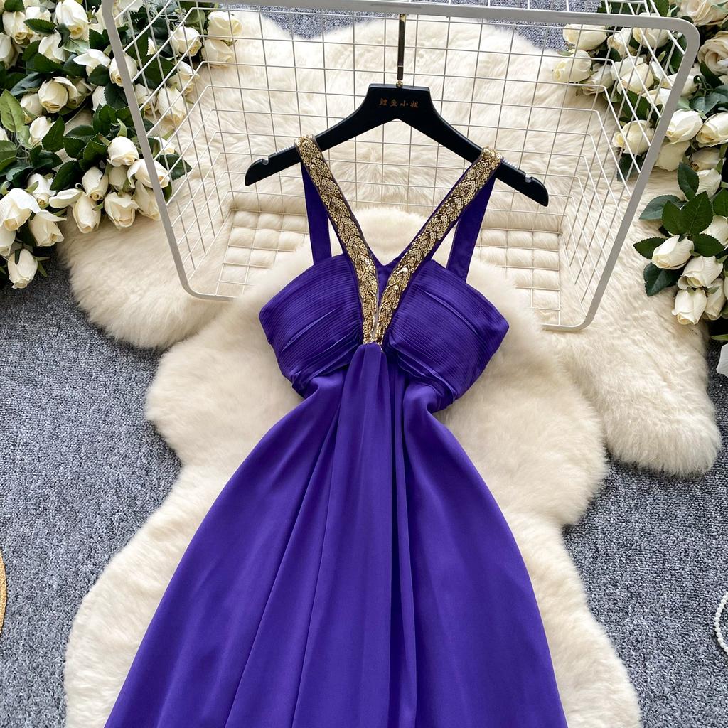 Summer Women Sexy Purple Strapless Open Back Sequined Beading Long Midi Holiday Beach Dress