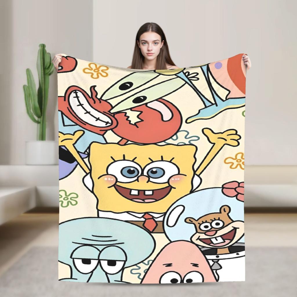 Cartoon Animated Blanket Cover SpongeBob SquarePants Fleece Throw Blankets Bedding Couch Portable Ultra-Soft Warm Bedspreads