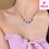 Pink Bow Beaded Necklace Women Light Luxury Niche Sweet Cool High Sense Temperament Collarbone Chain Jewelry Gift