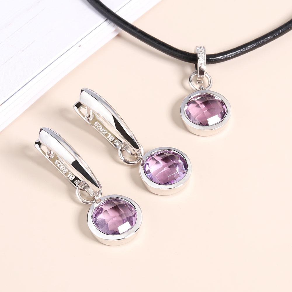 Серьги с аметистом в оправе, простой дизайн, огранка «бриолет», драгоценные камни, ювелирные изделия, комплект ювелирных изделий из серебра 925 пробы, ожерелье, серьги для женщин, подарки