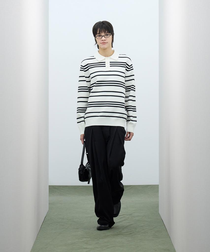 IRONYPORNO WHITELINE 86-Iroj358 Collared Neck Small Striped Long Sleeve Knit White
