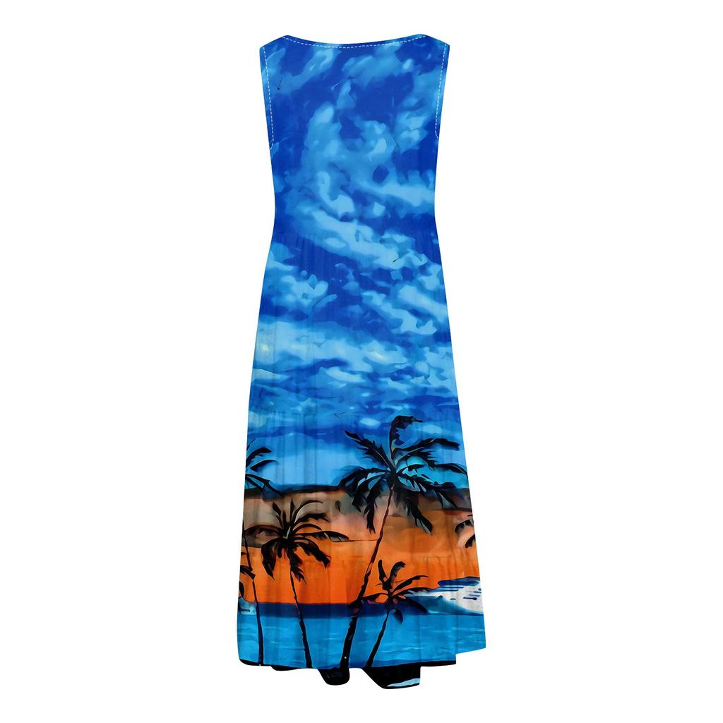 Гавайское платье для женщин, летние весенние плиссированные богемные платья, милые струящиеся пляжные платья без рукавов, прямая футболка, платья-майки, платья с круглым вырезом