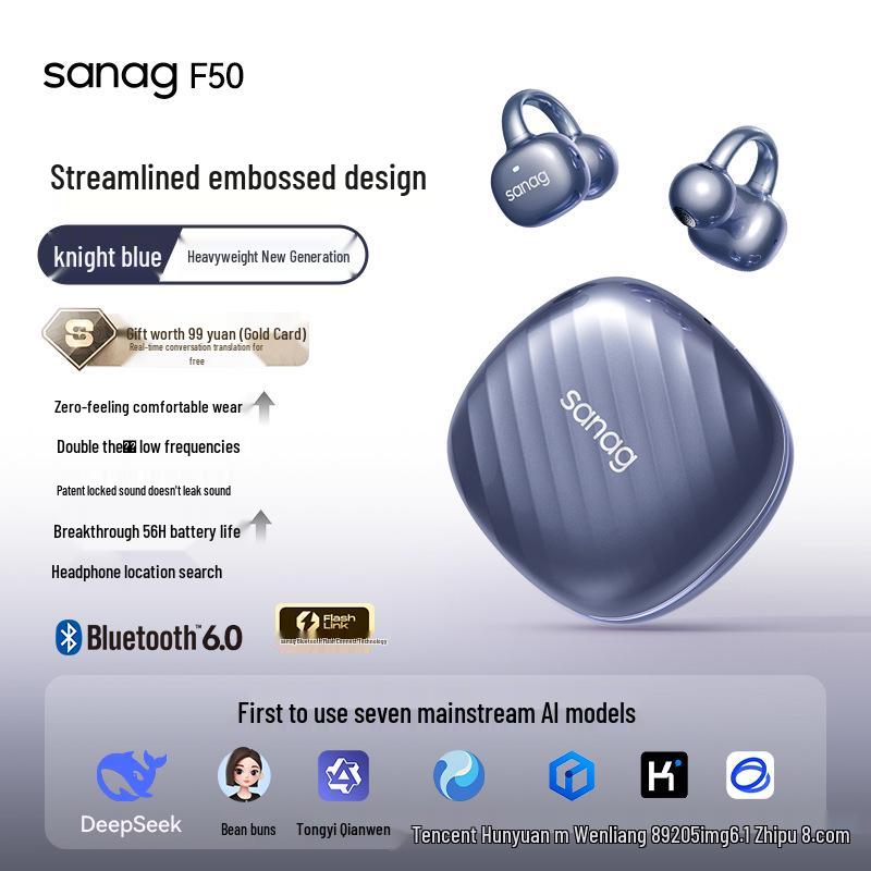 SANAG Sena F50S AI Ear-Clip Bluetooth Bone Conduction Headphones: Noise Reduction, Comfortable, Perfect for Running.
