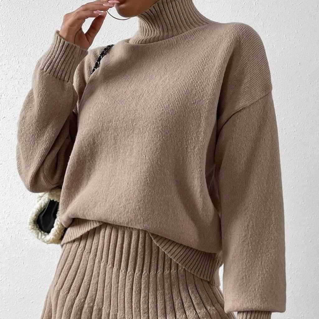 2024 Autumn Women's Solid Color Semi-High Neck Knitted Top and Pleated Skirt Set