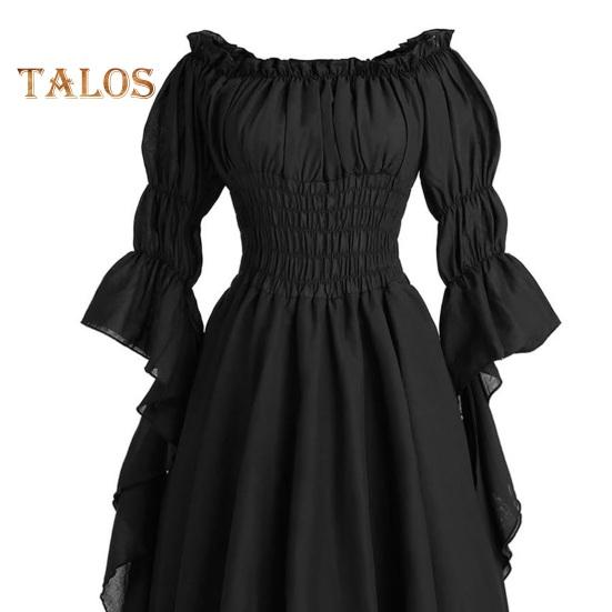 Women Ball Gown Off Shoulder Gothic Long Horn Sleeves Irregular Layered Pleated Elastic Tight Waist Solid Color Retro Renaissance Party Prom Maxi